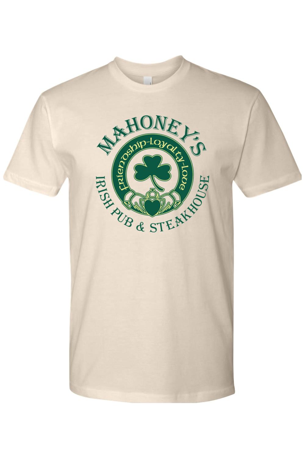 Beige fitted crewneck t-shirt featuring a green Mahoney's Irish Pub and Steakhouse logo with a shamrock and claddagh.