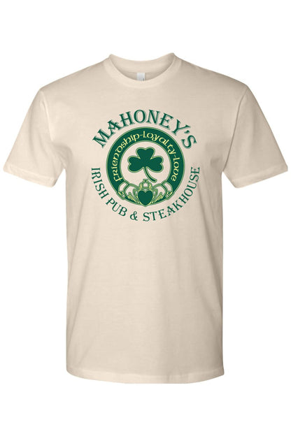 Beige fitted crewneck t-shirt featuring a green Mahoney's Irish Pub and Steakhouse logo with a shamrock and claddagh.