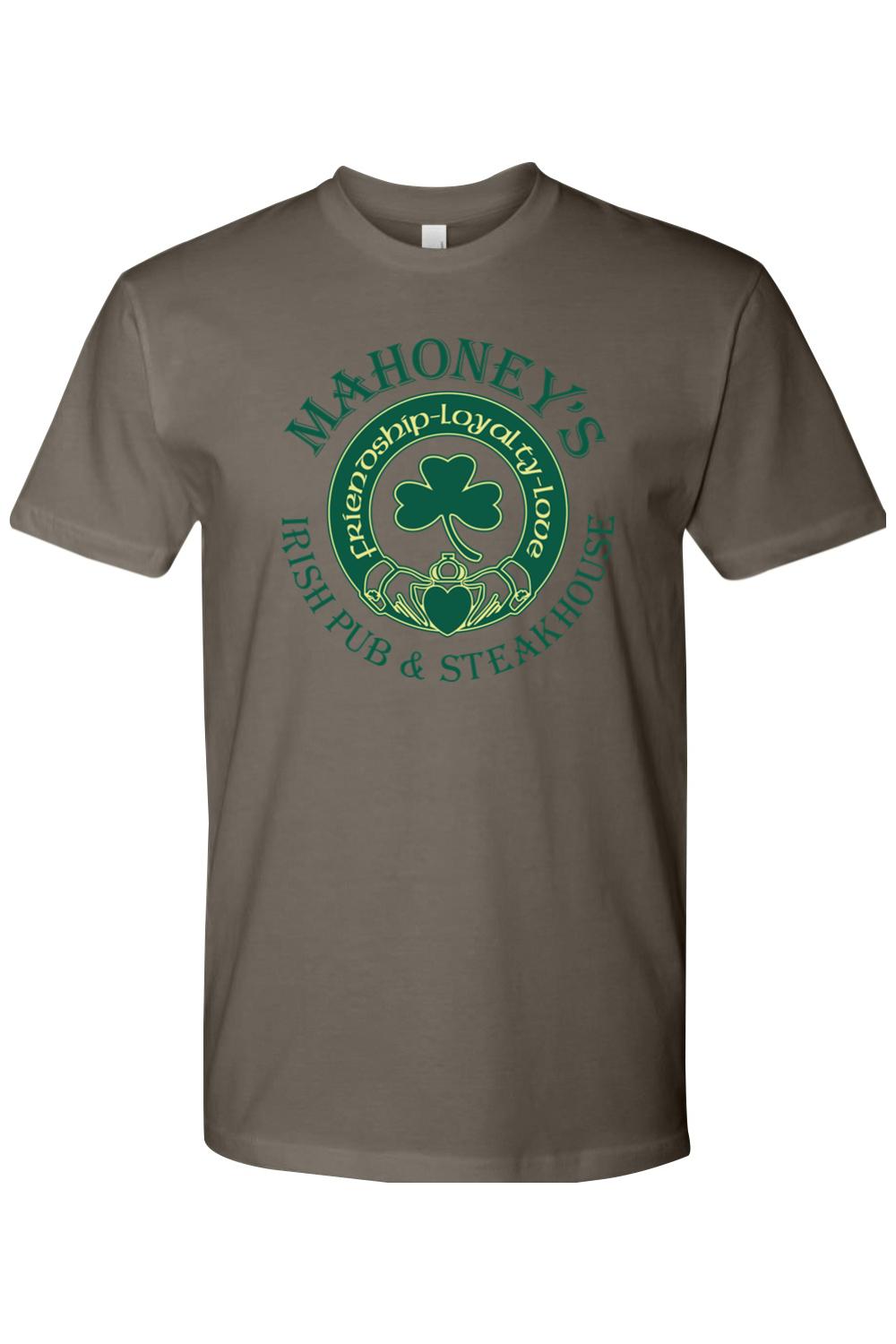 Grey fitted crewneck tee featuring a green Mahoney's Irish Pub and Steakhouse logo with a shamrock and Claddagh design.