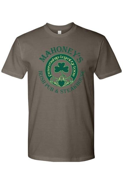Grey fitted crewneck tee featuring a green Mahoney's Irish Pub and Steakhouse logo with a shamrock and Claddagh design.