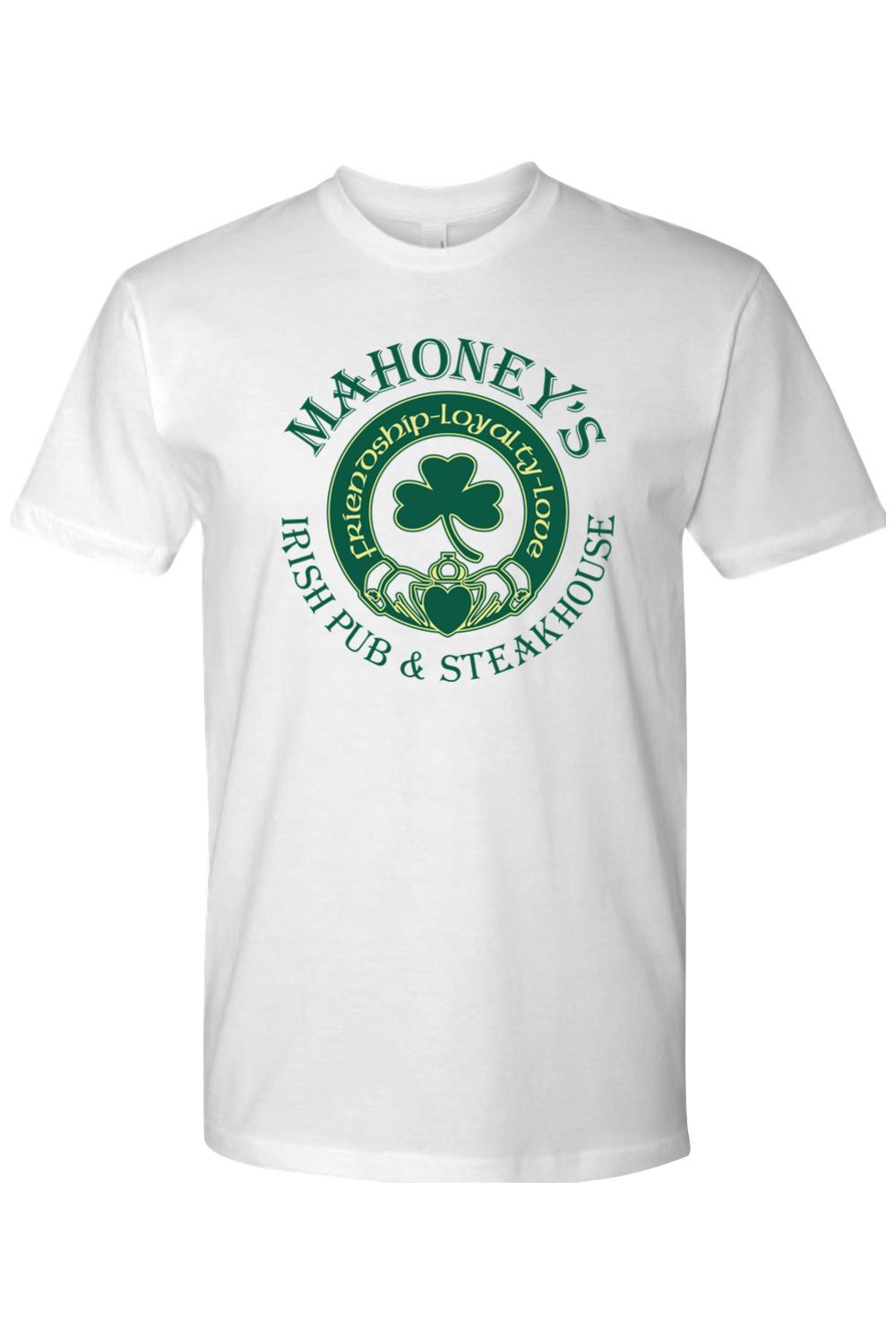 White fitted cotton crewneck tee featuring a green Mahoney's Irish Pub and Steakhouse logo with a shamrock design.