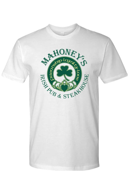 White fitted cotton crewneck tee featuring a green Mahoney's Irish Pub and Steakhouse logo with a shamrock design.