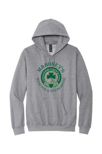 Sport grey midweight hoodie featuring a green Mahoney's Irish Pub logo with a shamrock and claddagh design.