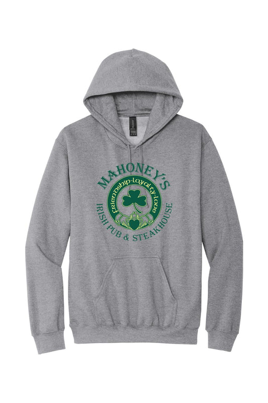 Sport grey midweight hoodie featuring a green Mahoney's Irish Pub logo with a shamrock and claddagh design.