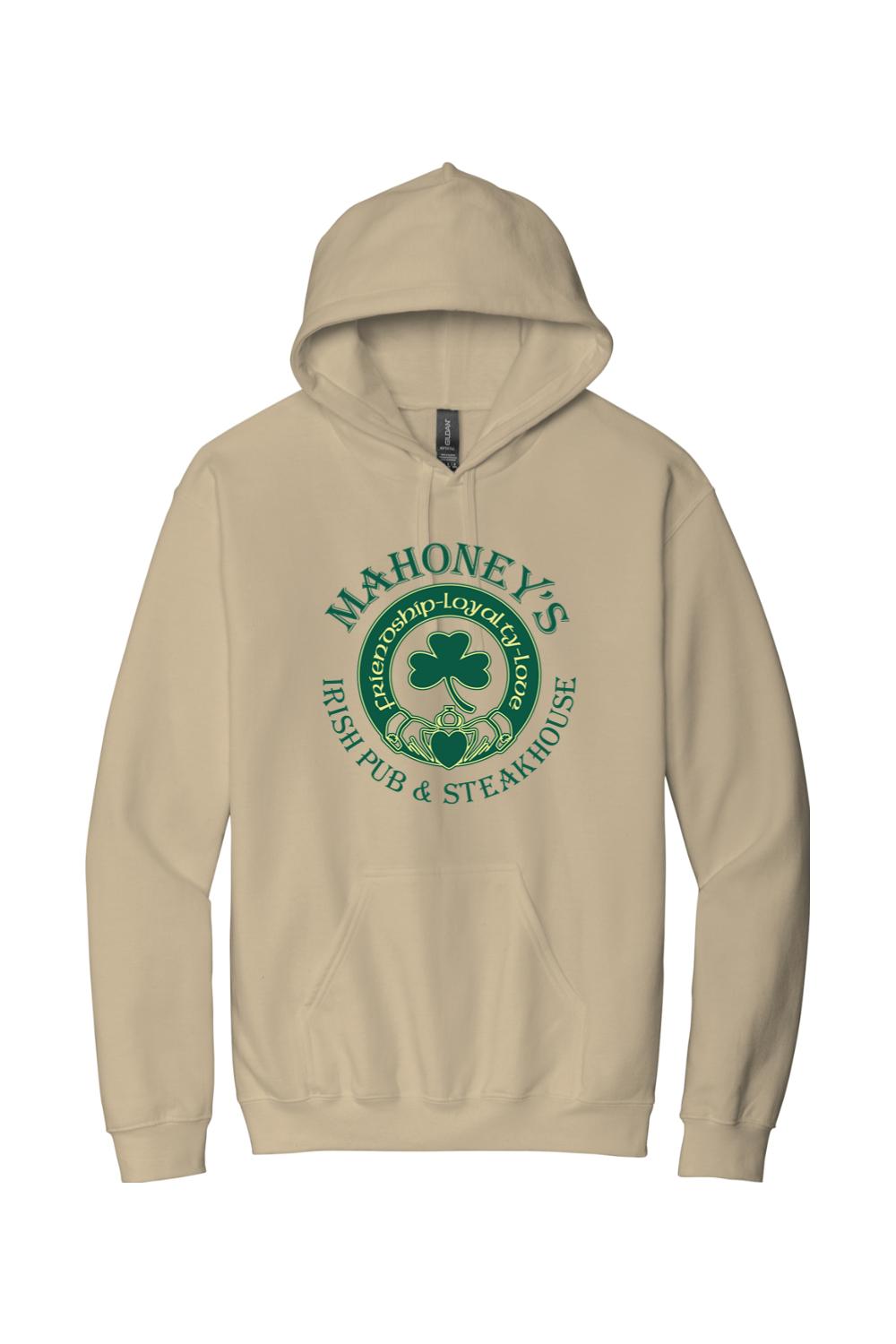 Sand-colored midweight hoodie featuring a green Mahoney's Irish Pub logo with a shamrock and claddagh design.
