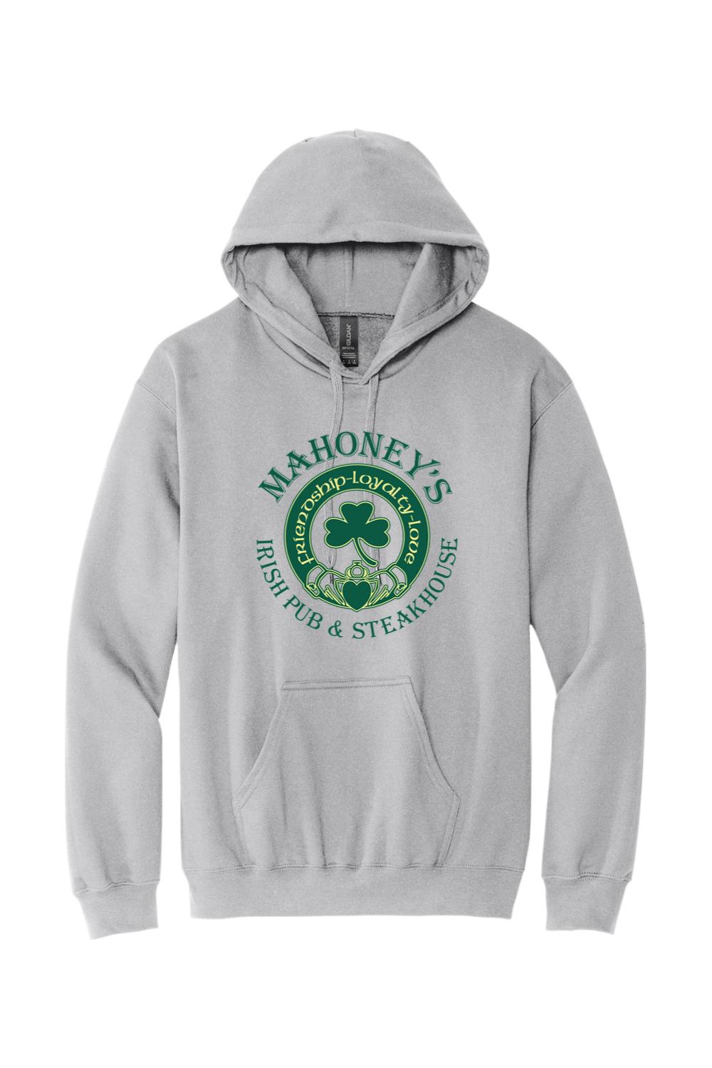 Sport grey midweight hoodie featuring a green Mahoney's Irish Pub logo with a shamrock and claddagh design.