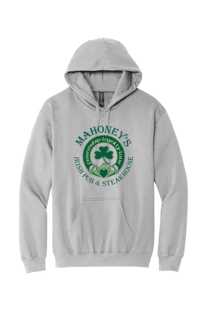 Sport grey midweight hoodie featuring a green Mahoney's Irish Pub logo with a shamrock and claddagh design.