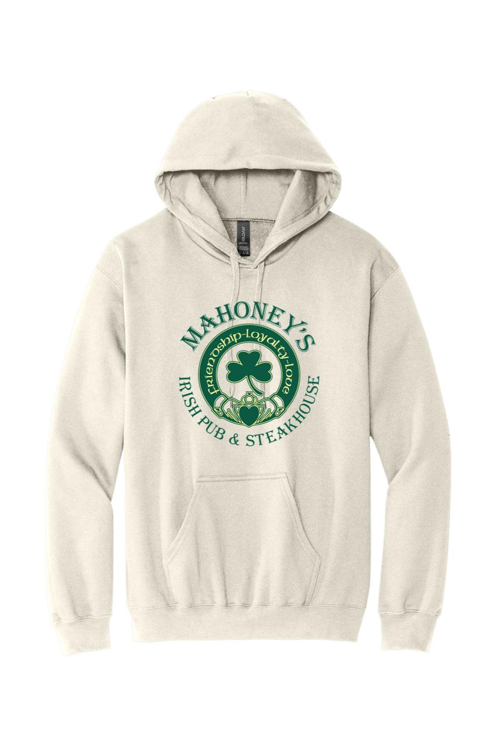 Sport grey midweight hoodie featuring a green Mahoney's Irish Pub shamrock logo on the front with a front pouch pocket.