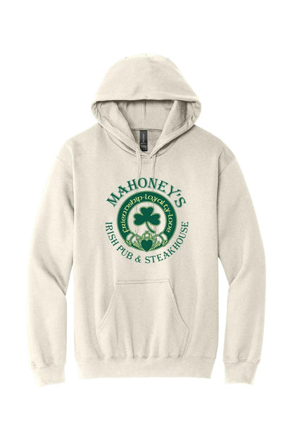 Sport grey midweight hoodie featuring a green Mahoney's Irish Pub shamrock logo on the front with a front pouch pocket.