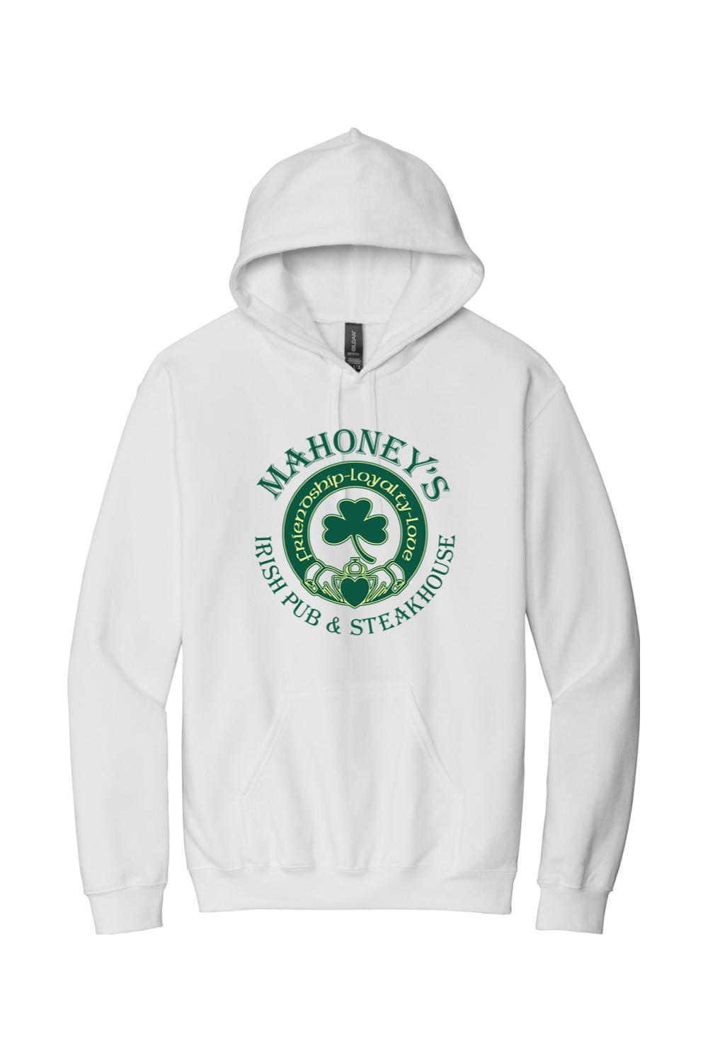 White midweight hoodie featuring a green Mahoney's Irish Pub logo with a shamrock and heart design on the chest.