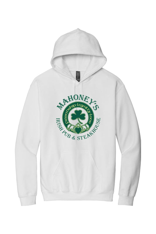 White midweight hoodie featuring a green Mahoney's Irish Pub logo with a shamrock and heart design on the chest.