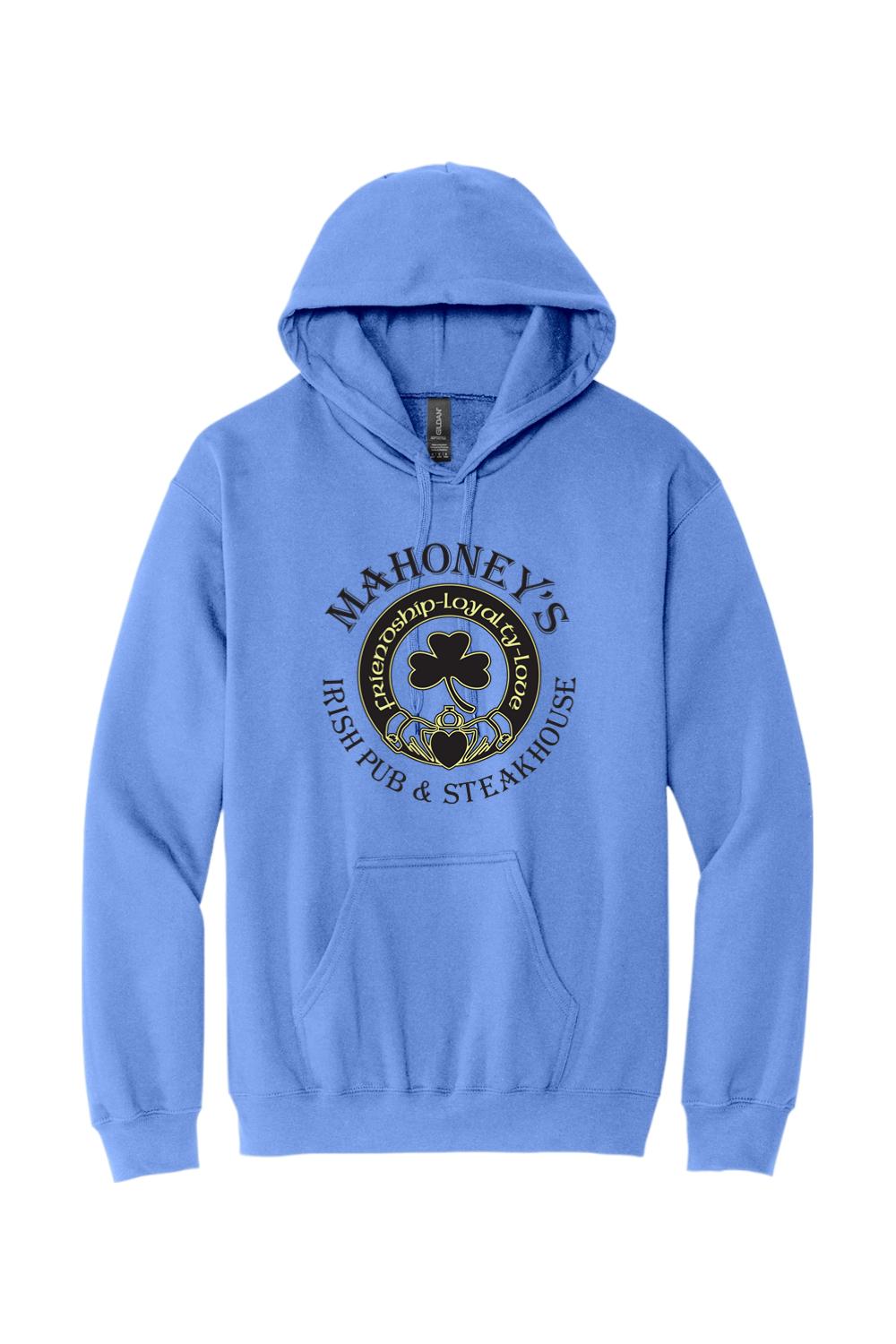 Light blue midweight hoodie featuring a black Mahoney's Irish Pub and Steakhouse logo with a shamrock on the chest.