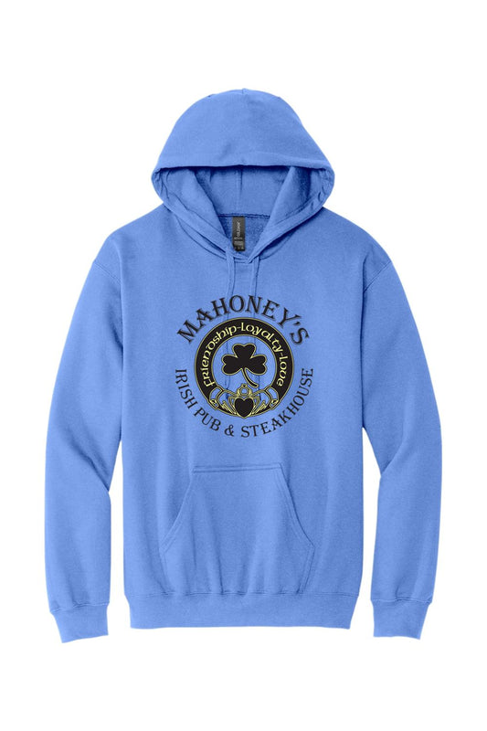 Light blue midweight hoodie featuring a black Mahoney's Irish Pub and Steakhouse logo with a shamrock on the chest.