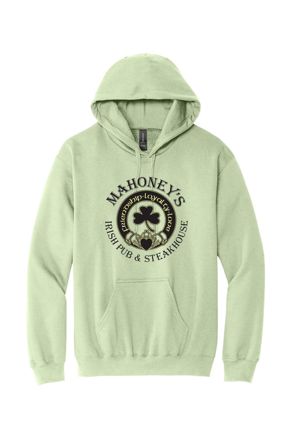 Light green midweight hoodie with a black Mahoney's Irish Pub logo featuring a shamrock and heart design on the front.