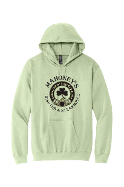 Light green midweight hoodie with a black Mahoney's Irish Pub logo featuring a shamrock and heart design on the front.