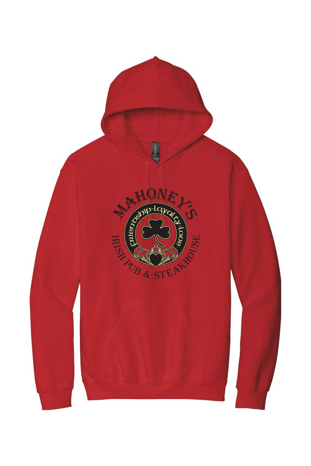 Red midweight pullover hoodie featuring a black and gold Mahoney's Irish Pub logo with a shamrock and claddagh design.