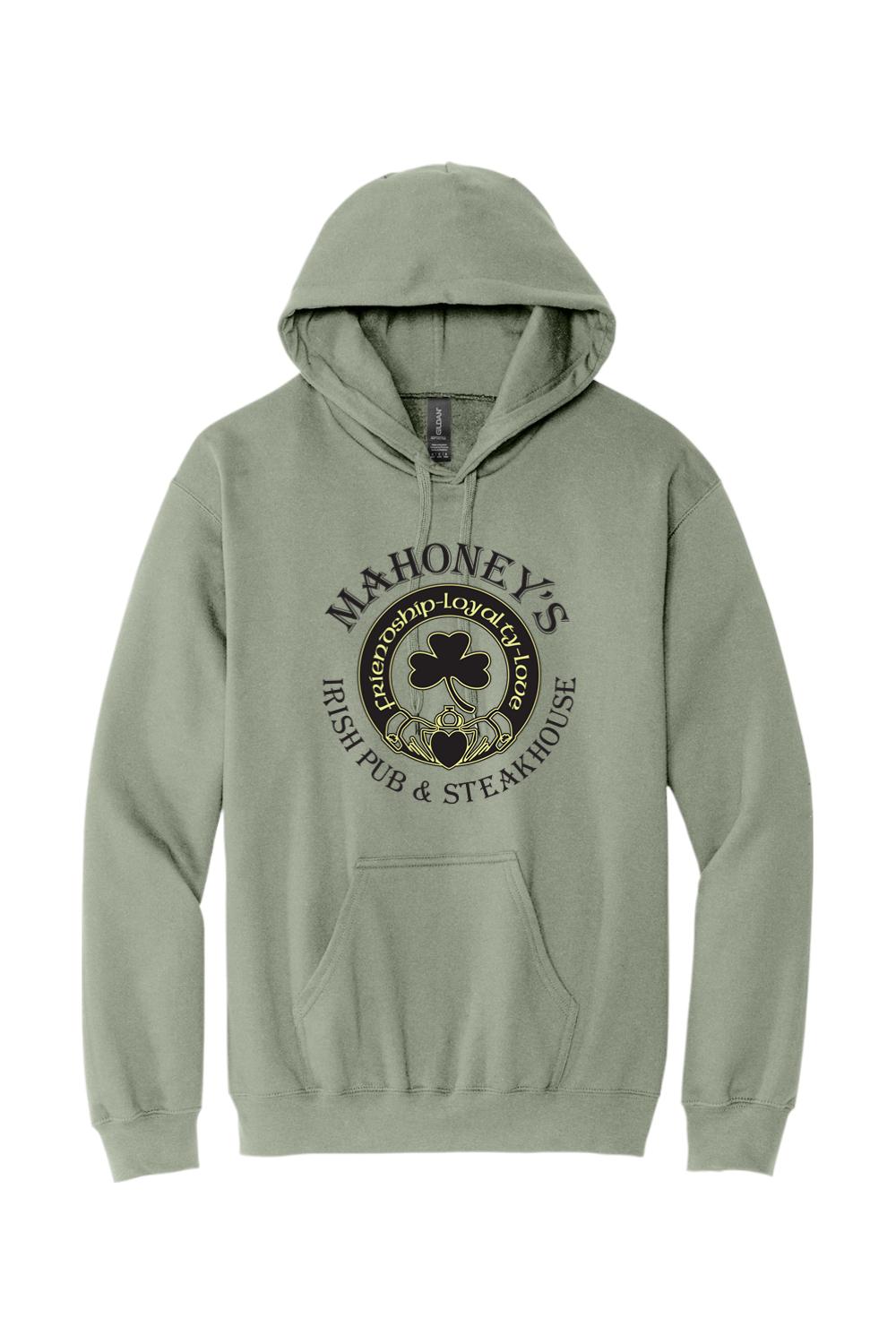 Sage green midweight hoodie with Mahoney's Irish Pub logo, featuring a shamrock and Claddagh design on the front.