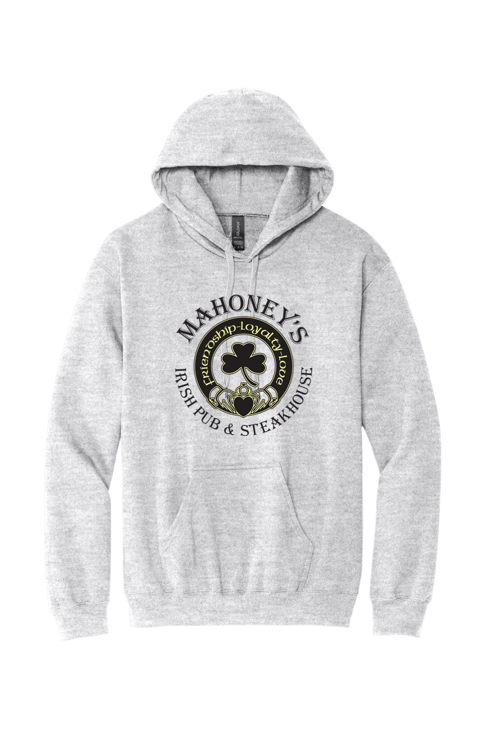 Grey midweight hoodie featuring a black Mahoney's Irish Pub logo with a shamrock and Claddagh design on the front.
