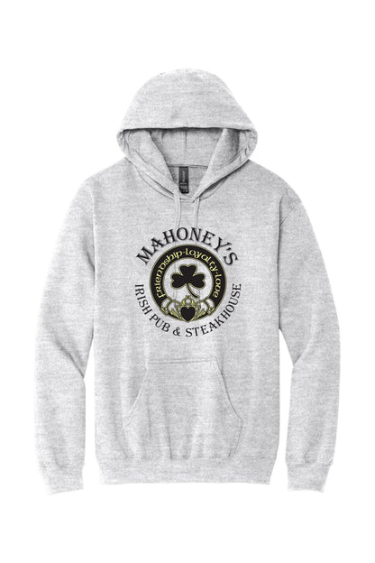 Grey midweight hoodie featuring a black Mahoney's Irish Pub logo with a shamrock and Claddagh design on the front.