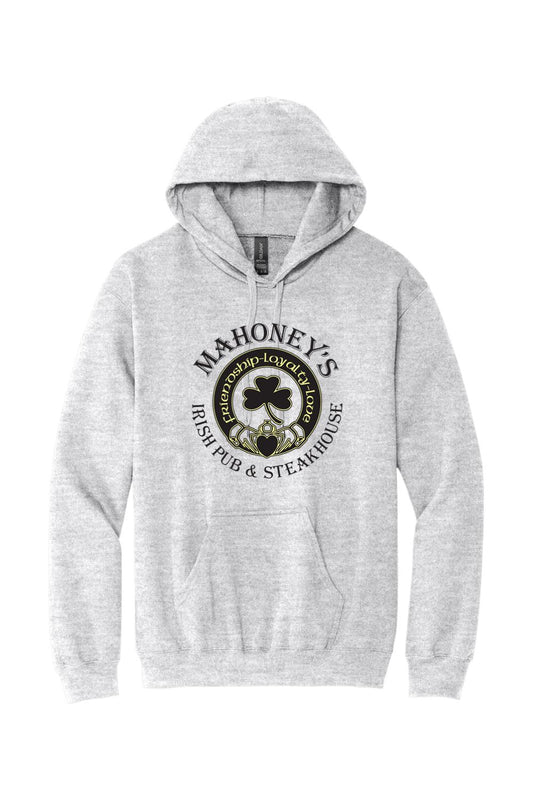 Grey midweight hoodie featuring a black Mahoney's Irish Pub logo with a shamrock and Claddagh design on the front.