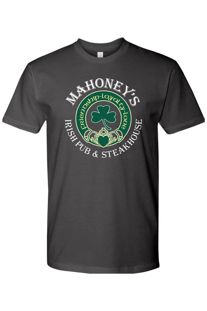 Black cotton crewneck t-shirt featuring a white and green Mahoney's Irish Pub & Steakhouse logo on the chest.