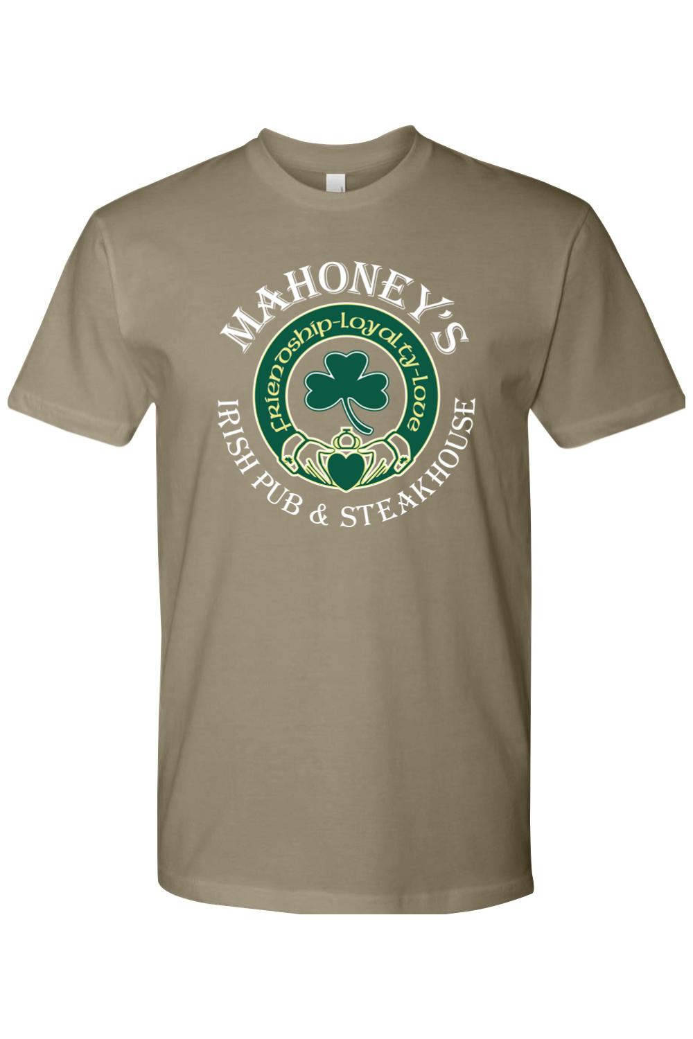 Tan cotton crewneck t-shirt featuring a green and white Mahoney's Irish Pub logo with a shamrock and Claddagh design.