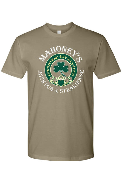 Tan cotton crewneck t-shirt featuring a green and white Mahoney's Irish Pub logo with a shamrock and Claddagh design.
