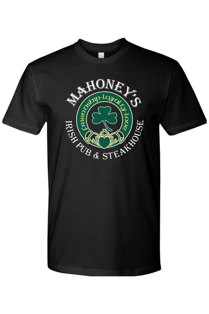 Black cotton crewneck tee featuring a white and green Mahoney's Irish Pub logo with a shamrock and claddagh design.