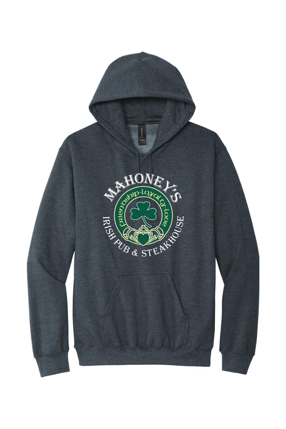 Dark grey midweight hoodie featuring a white Mahoney's Irish Pub logo with a green shamrock and Claddagh design.