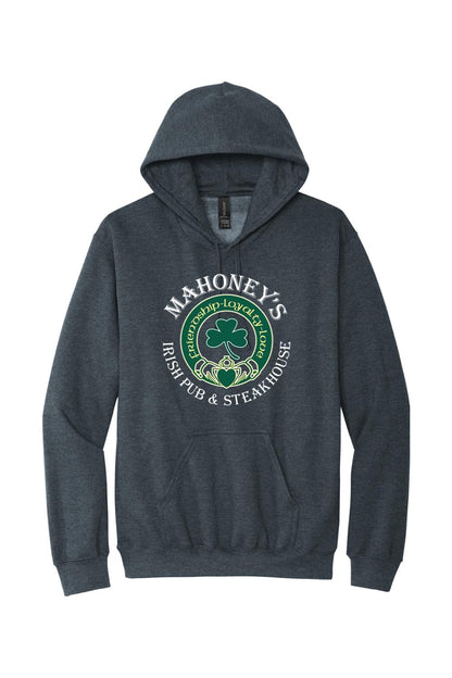 Dark grey midweight hoodie featuring a white Mahoney's Irish Pub logo with a green shamrock and Claddagh design.