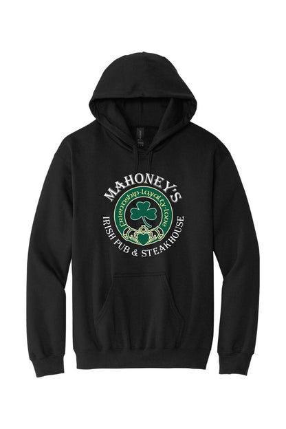 Black midweight pullover hoodie featuring a green and white Mahoney's Irish Pub logo with a shamrock and claddagh.