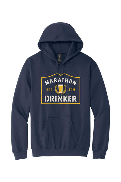 Navy blue cotton pullover hoodie featuring a Marathon Drinker graphic with a beer glass and yellow laurel wreath.