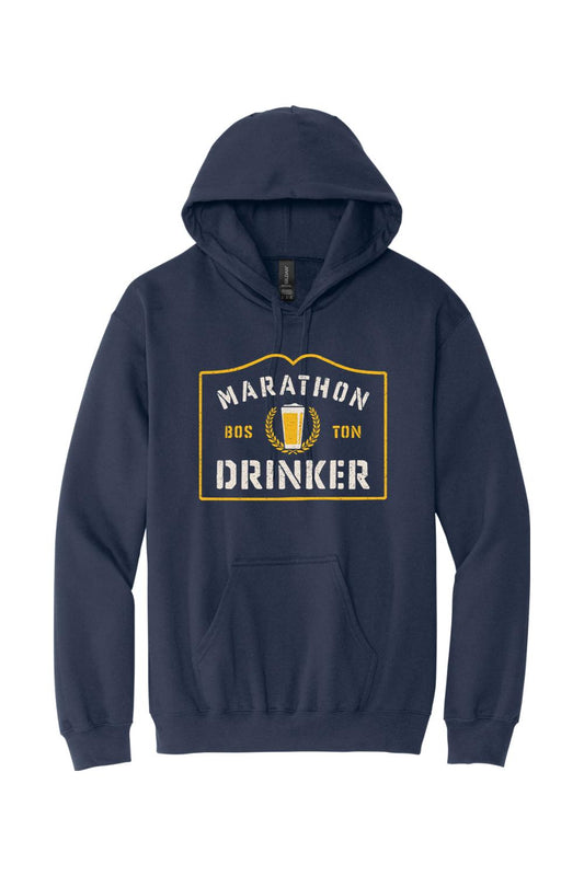 Navy blue cotton pullover hoodie featuring a Marathon Drinker graphic with a beer glass and yellow laurel wreath.