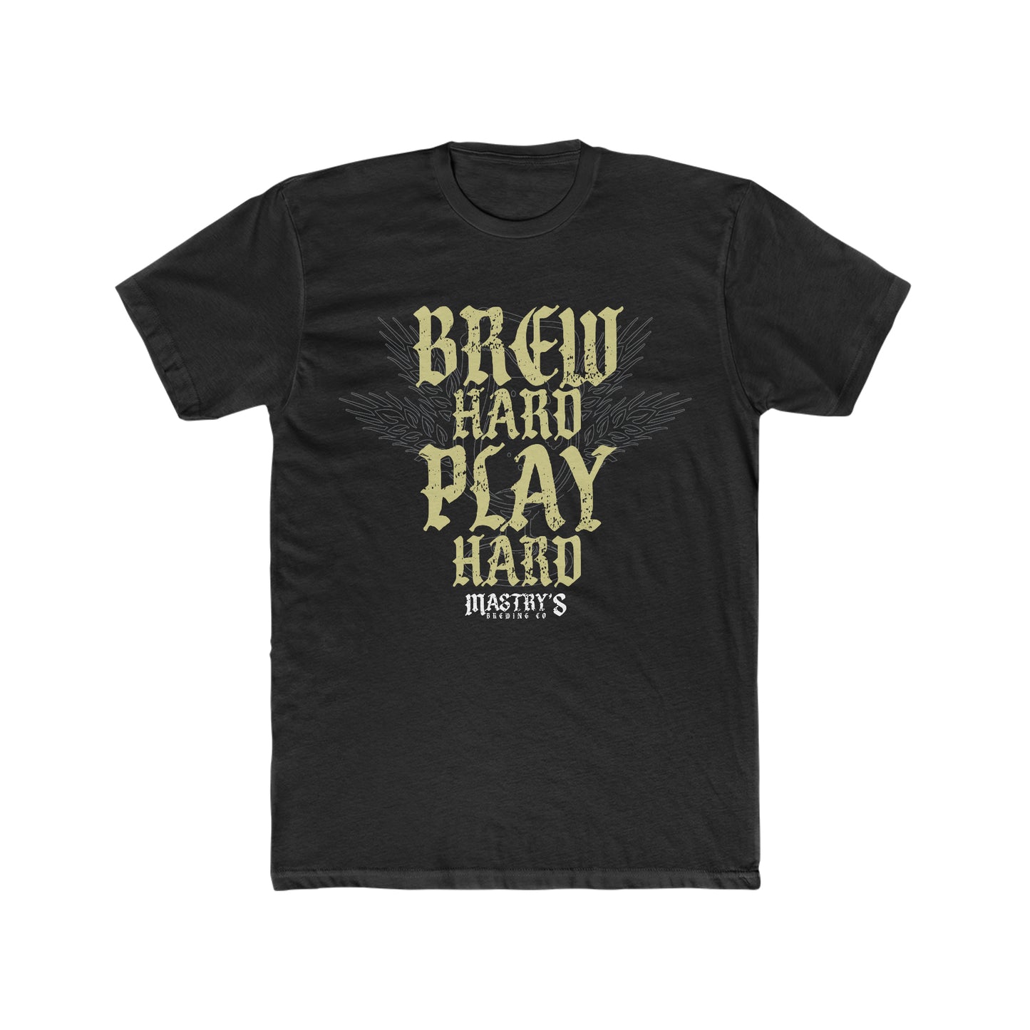 Black triblend crewneck T-shirt featuring a distressed gold Brew Hard Play Hard graphic and Mastry’s Brewing Co. logo.