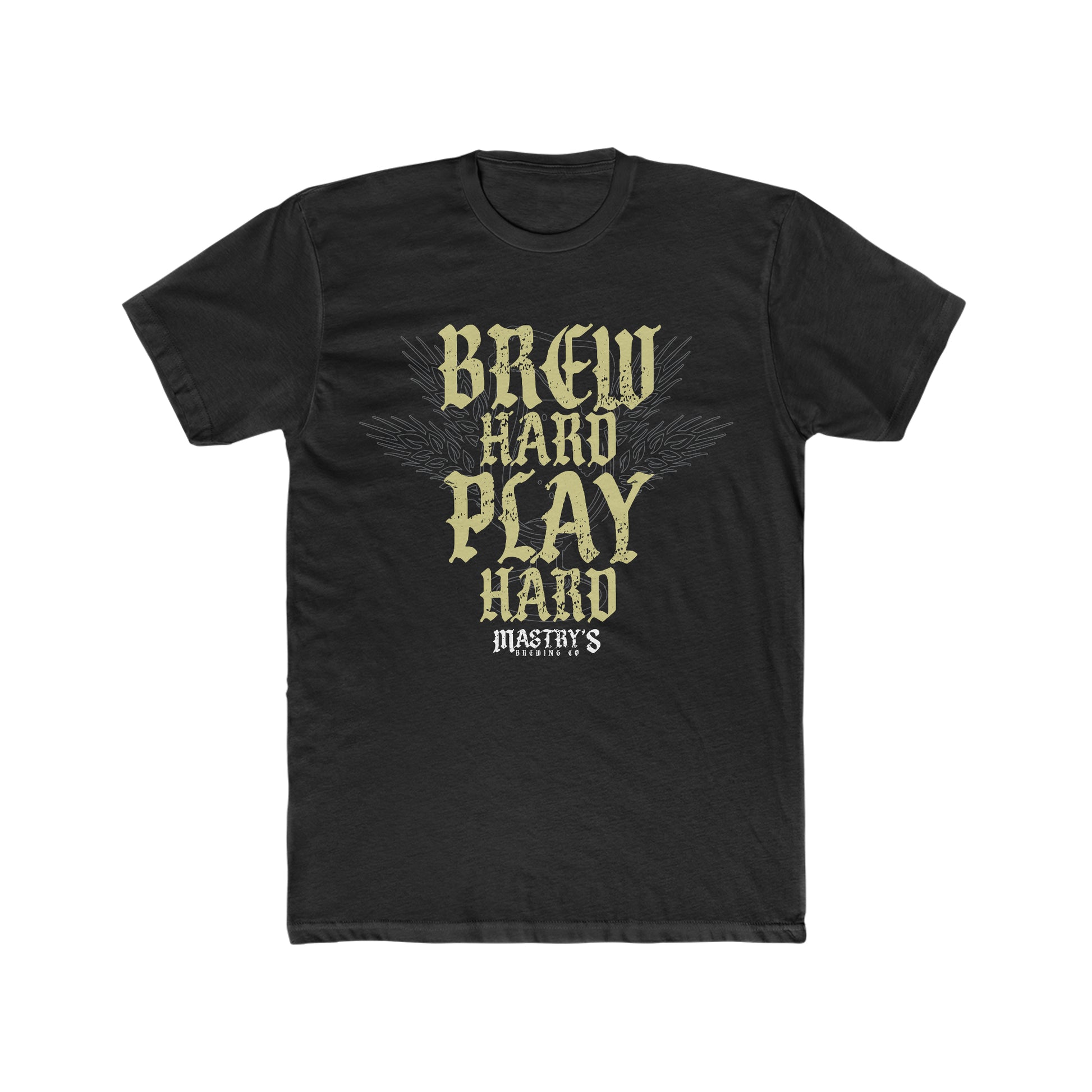Black triblend crewneck T-shirt featuring a distressed gold Brew Hard Play Hard graphic and Mastry’s Brewing Co. logo.