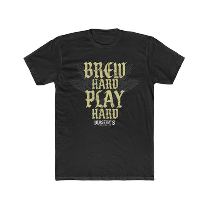 Black triblend crewneck T-shirt featuring a distressed gold Brew Hard Play Hard graphic and Mastry’s Brewing Co. logo.