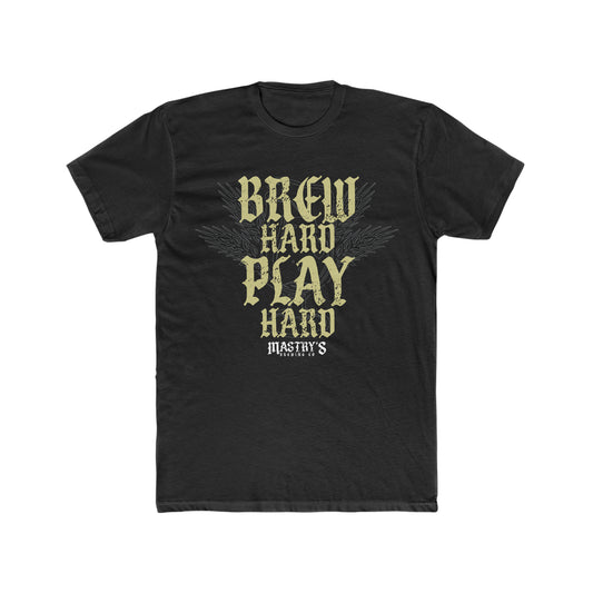 Black triblend crewneck T-shirt featuring a distressed gold Brew Hard Play Hard graphic and Mastry’s Brewing Co. logo.