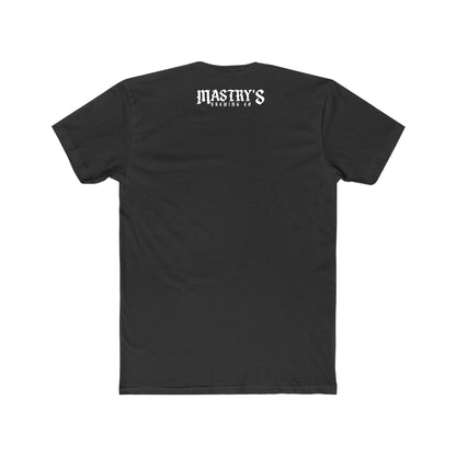Black triblend Mastry’s Brewing Co. t-shirt featuring a white logo graphic on the upper back.