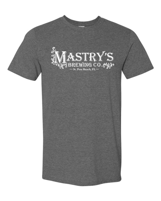 Dark heather gray Mastry's Brewing Co. classic fit t-shirt with white logo print on a soft poly-cotton blend.