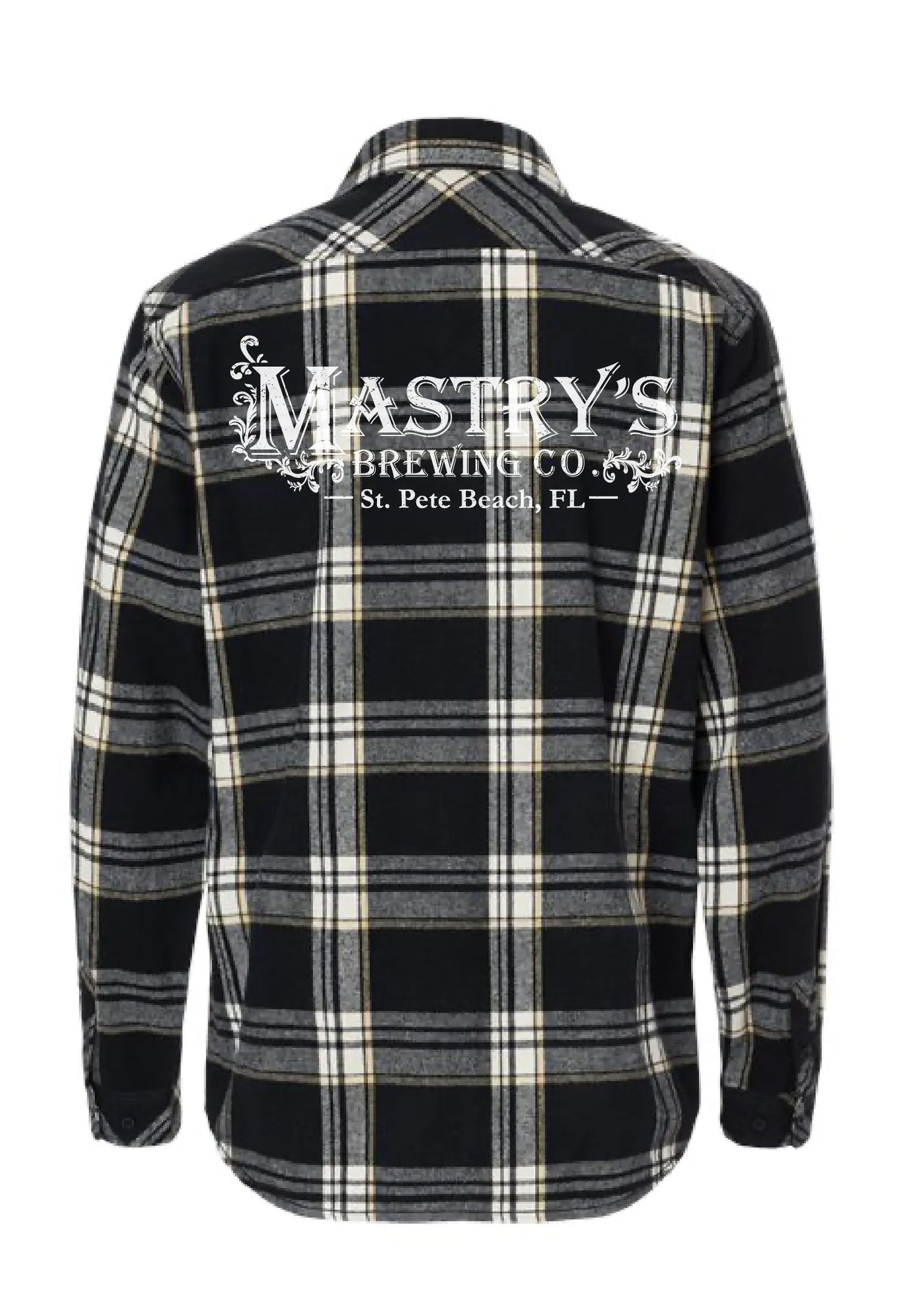 Black, grey, and white plaid flannel shirt featuring a white Mastry’s Brewing Co. screen print on the back.