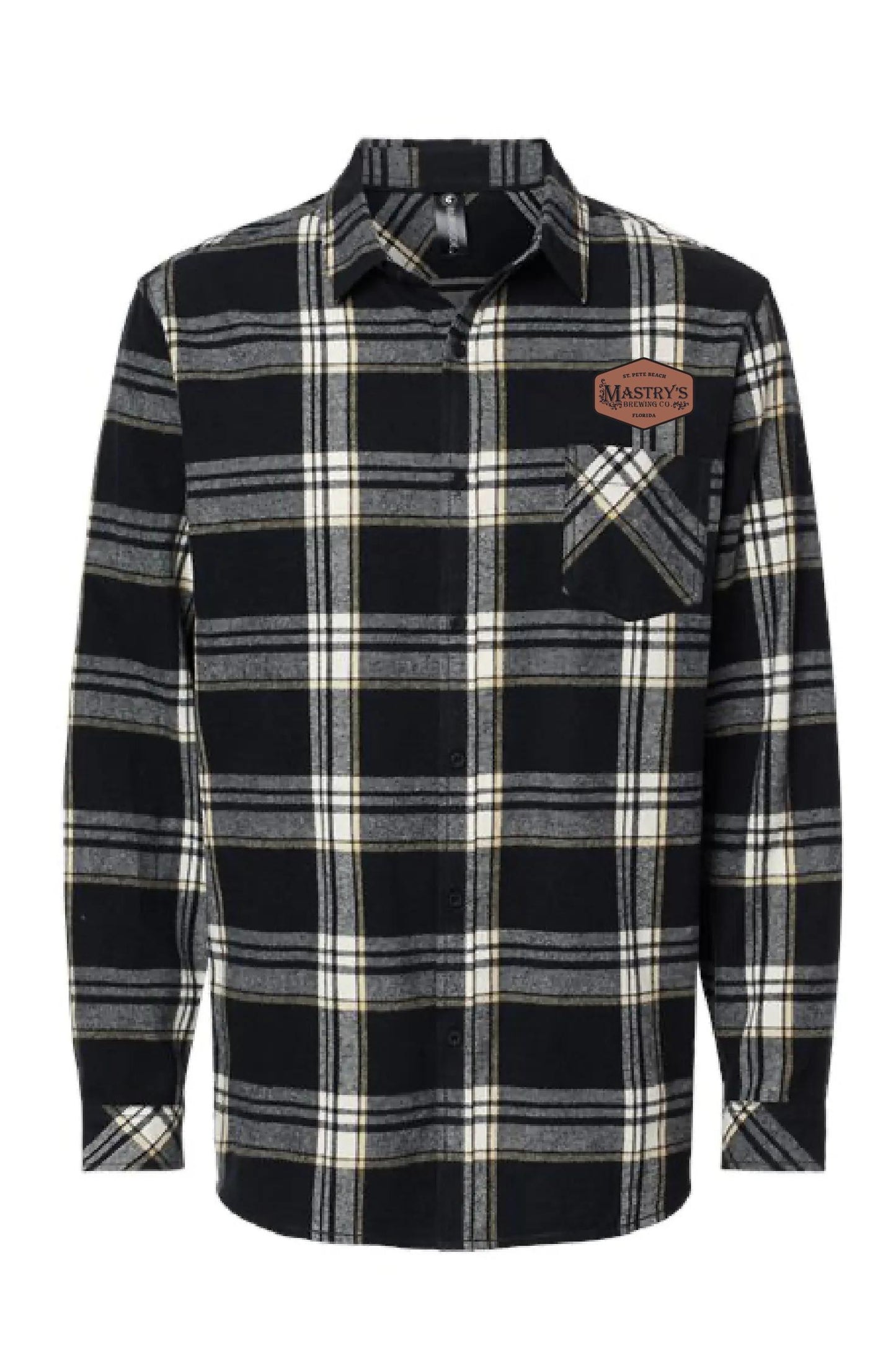 Black and grey plaid flannel shirt with a Mastry’s Brewing Co. leather chest patch and button-down front.