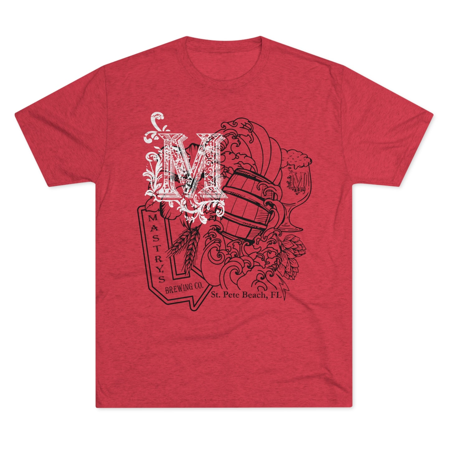 Heather red triblend graphic t-shirt featuring a Mastry’s Brewing Co. collage print with a barrel and waves.