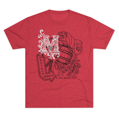 Heather red triblend graphic t-shirt featuring a Mastry’s Brewing Co. collage print with a barrel and waves.