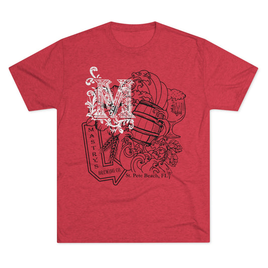 Heather red triblend graphic t-shirt featuring a Mastry’s Brewing Co. collage print with a barrel and waves.