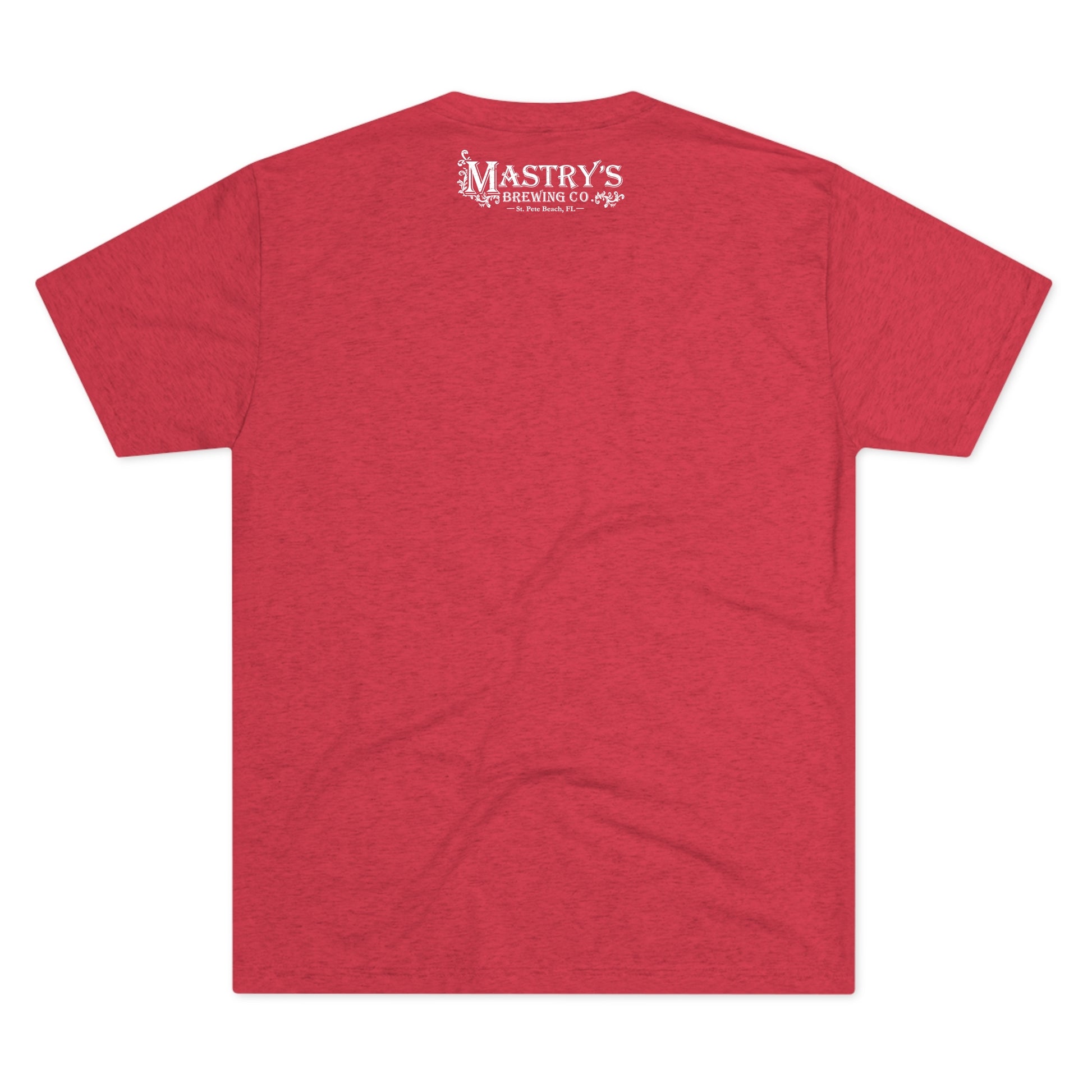 Heather red triblend Mastry’s Brewing Co. graphic t-shirt featuring a white logo on the upper back.