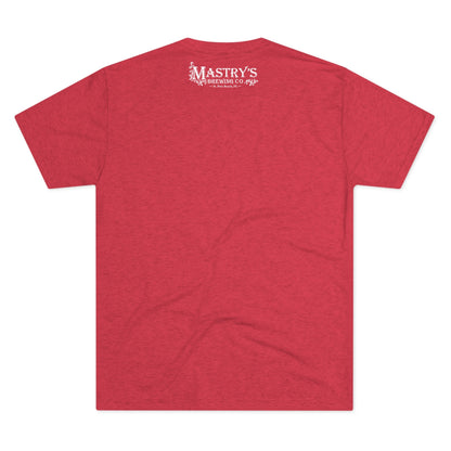 Heather red triblend Mastry’s Brewing Co. graphic t-shirt featuring a white logo on the upper back.