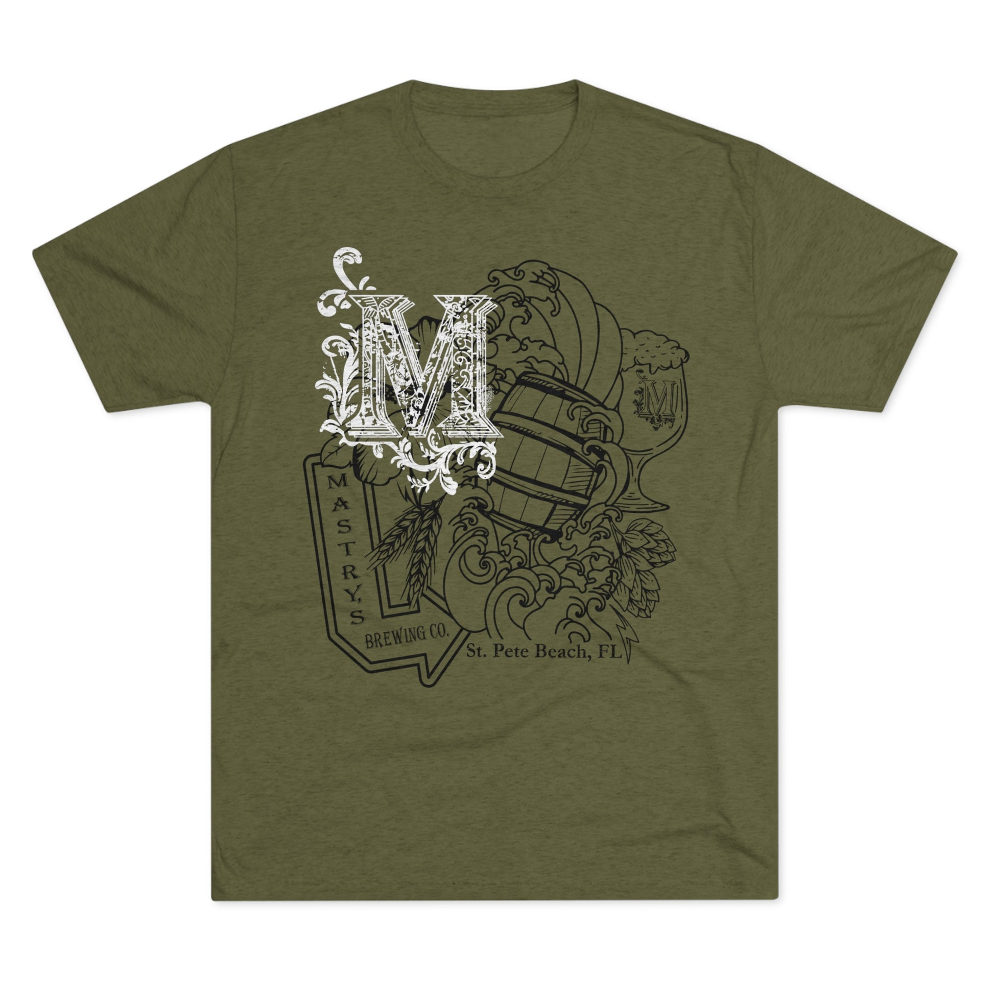 Heather green triblend graphic tee featuring a Mastry’s Brewing Co. collage design with a large M and beer barrel.