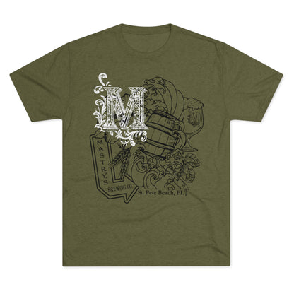 Heather green triblend graphic tee featuring a Mastry’s Brewing Co. collage design with a large M and beer barrel.