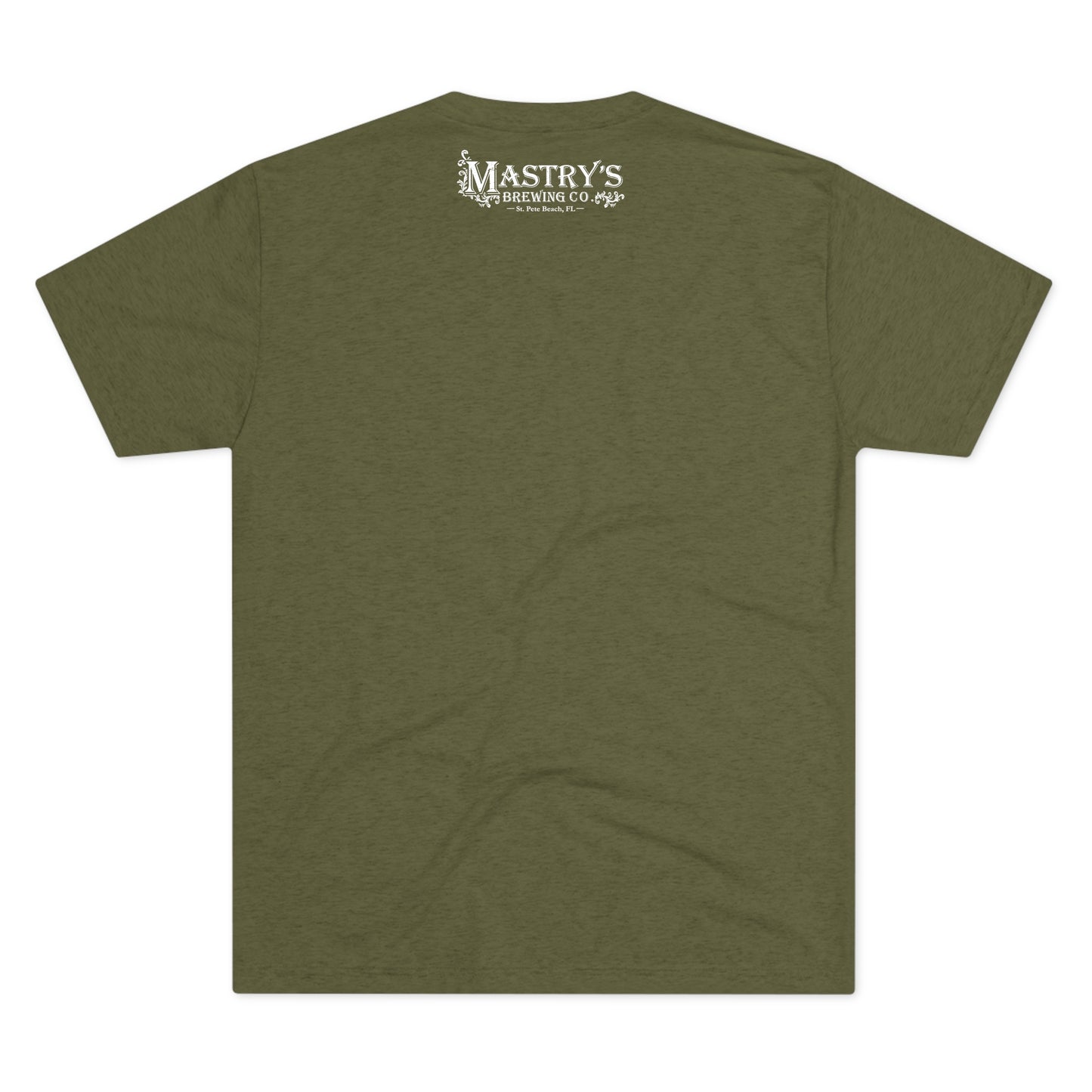 Heather green triblend graphic tee featuring the white Mastry’s Brewing Co. logo on the upper back.