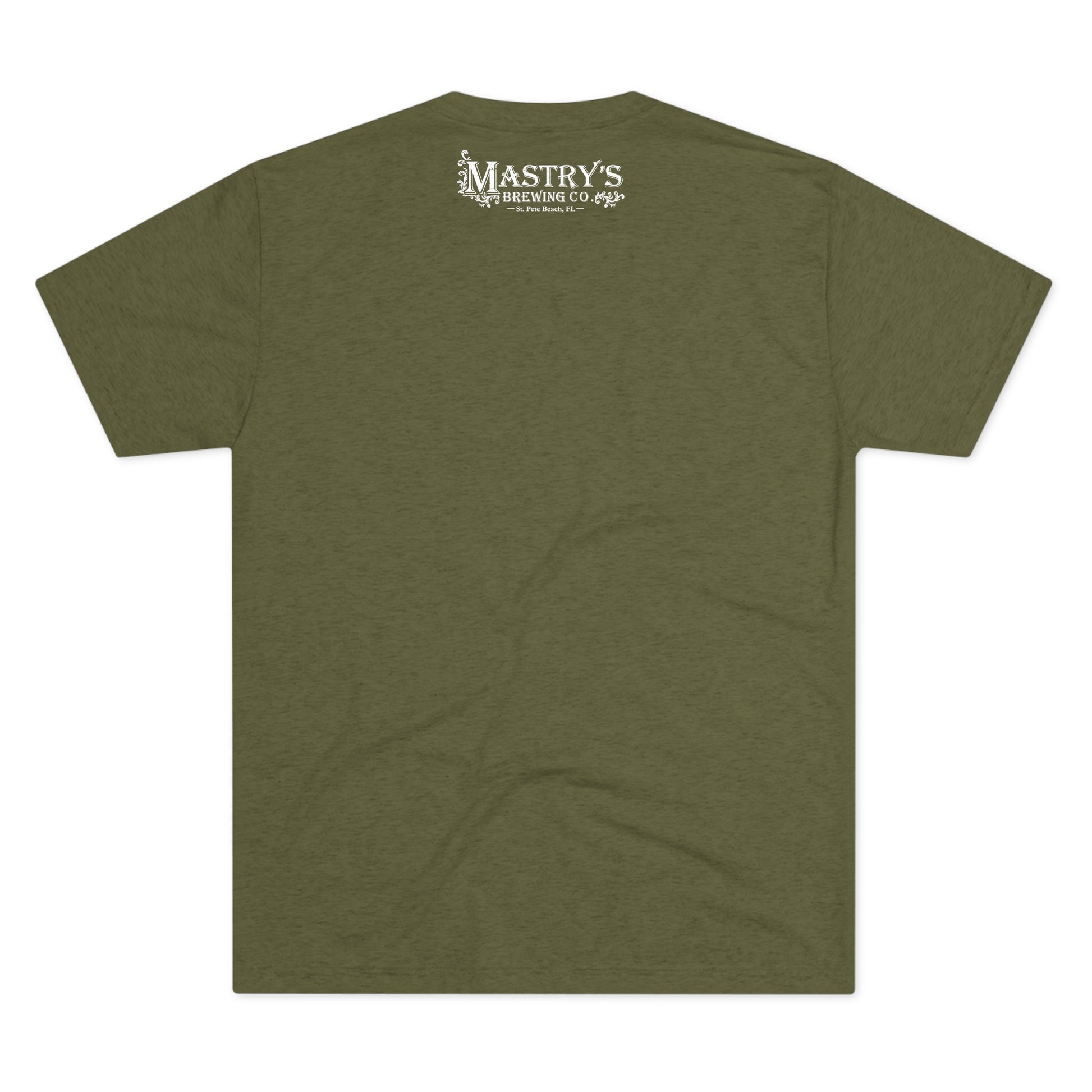 Heather green triblend graphic tee featuring the white Mastry’s Brewing Co. logo on the upper back.